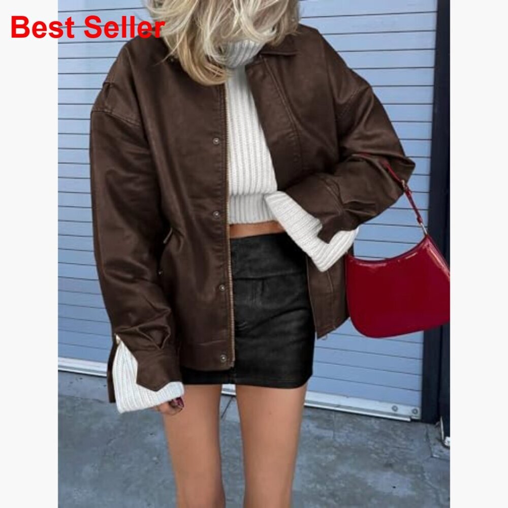 Faux Leather Motorcycle Jacket Oversized Zip Up Winter Coat Outerwear - Picture 4 of 7